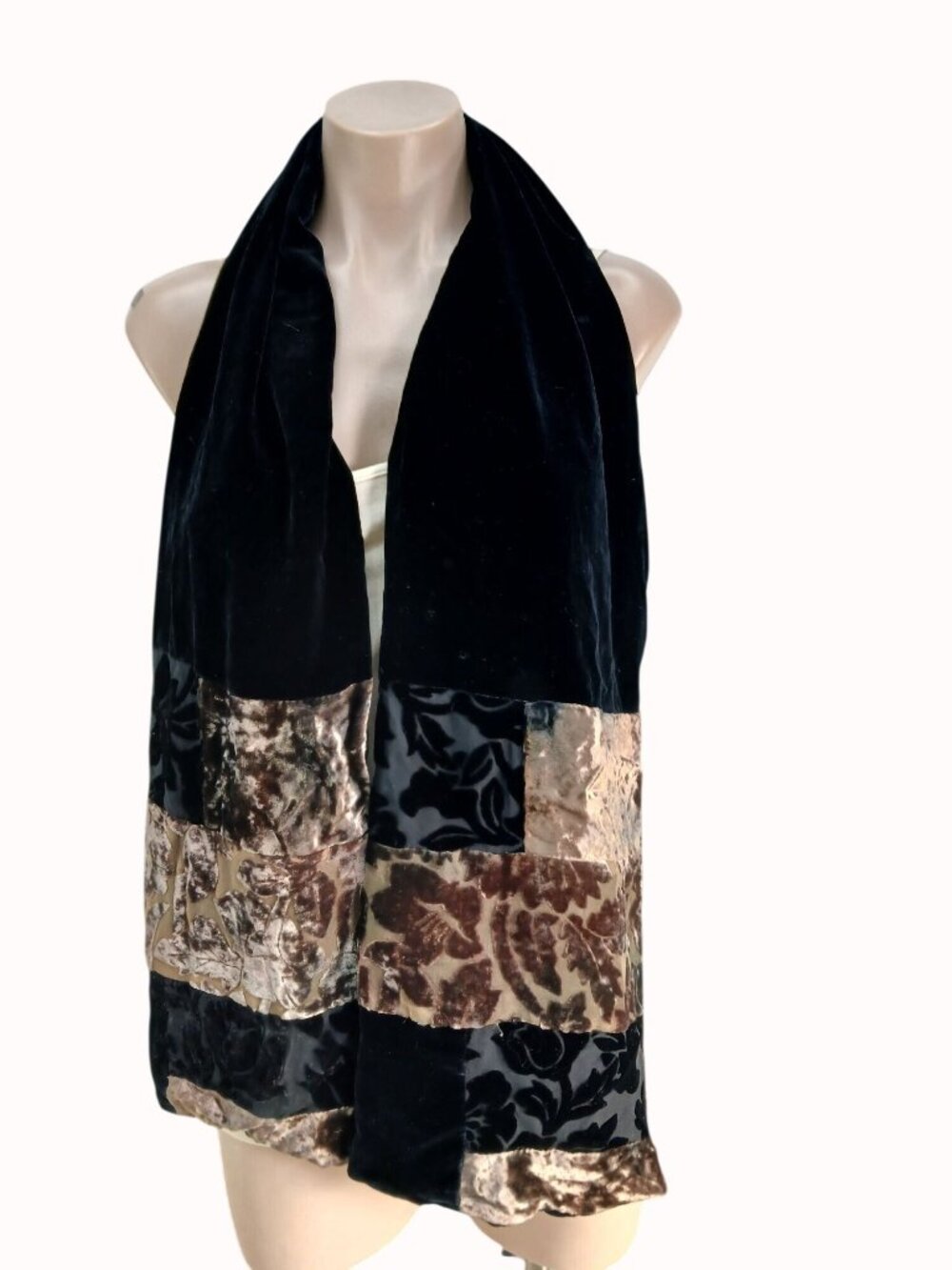 Mina Mann Black Gold Silk Velour Velvet Brown Burnout Scarf Wrap 62x9"